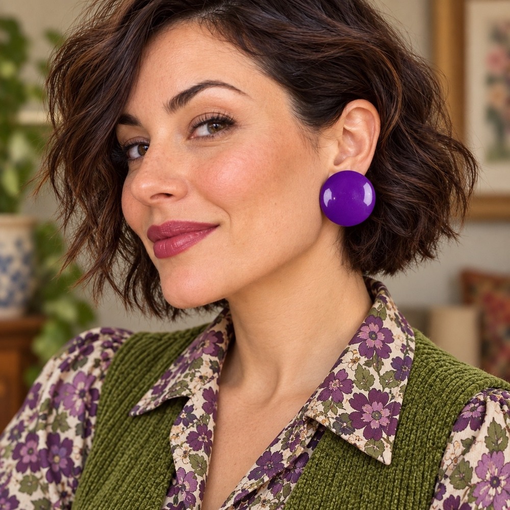 Vintage Purple Button Clip On Earrings Oversized Round Resin Studs Retro Style